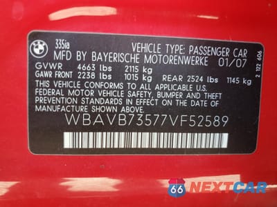Zdjęcie 12 z 12 samochodu: 2007 BMW 335 I VIN:WBAVB73577VF52589 - miniatura