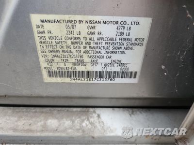 Zdjęcie 12 z 12 samochodu: 2007 NISSAN ALTIMA 2.5 VIN:1N4AL21E17C215760 - miniatura