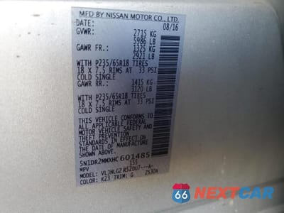 Zdjęcie 13 z 13 samochodu: 2017 NISSAN PATHFINDER S VIN:5N1DR2MMXHC601485 - miniatura