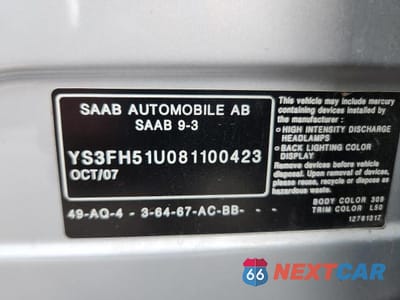 Zdjęcie 12 z 12 samochodu: 2008 SAAB 9-3 AERO VIN:YS3FH51U081100423 - miniatura