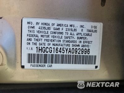 Zdjęcie 12 z 12 samochodu: 2000 HONDA ACCORD LX VIN:1HGCG1645YA092996 - miniatura