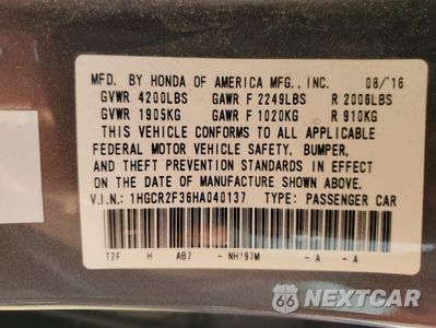 Zdjęcie 12 z 15 samochodu: 2017 HONDA ACCORD LX VIN:1HGCR2F36HA040137 - miniatura