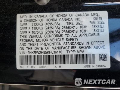 Zdjęcie 13 z 13 samochodu: 2019 HONDA CR-V EXL VIN:2HKRW2H85KH636110 - miniatura