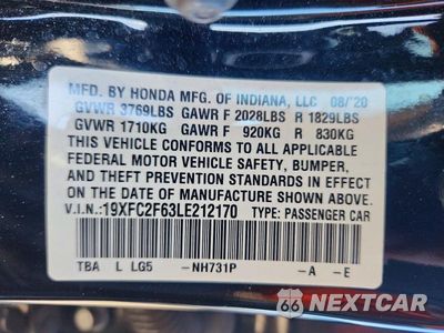 Zdjęcie 12 z 12 samochodu: 2020 HONDA CIVIC LX VIN:19XFC2F63LE212170 - miniatura