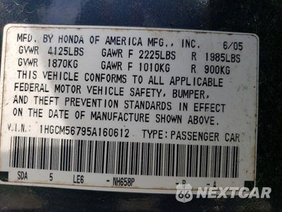 Zdjęcie 12 z 12 samochodu: 2005 HONDA ACCORD EX VIN:1HGCM56795A160612 - miniatura