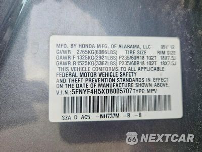 Zdjęcie 14 z 14 samochodu: 2013 HONDA PILOT EXL VIN:5FNYF4H5XDB005707 - miniatura