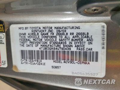Zdjęcie 12 z 12 samochodu: 2004 TOYOTA CAMRY LE VIN:4T1BE32K64U790439 - miniatura