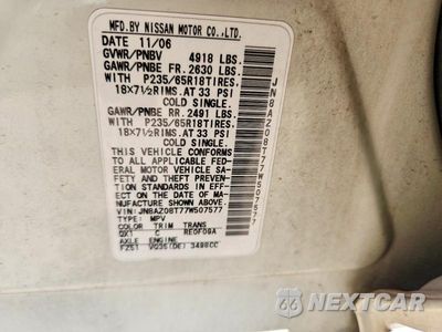 Zdjęcie 13 z 13 samochodu: 2007 NISSAN MURANO S VIN:JN8AZ08T77W507577 - miniatura