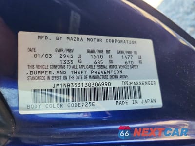 Zdjęcie 12 z 12 samochodu: 2003 MAZDA MX-5 MIATA BASE VIN:JM1NB353130306990 - miniatura