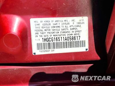 Zdjęcie 12 z 12 samochodu: 2001 HONDA ACCORD EX VIN:1HGCG16511A058617 - miniatura