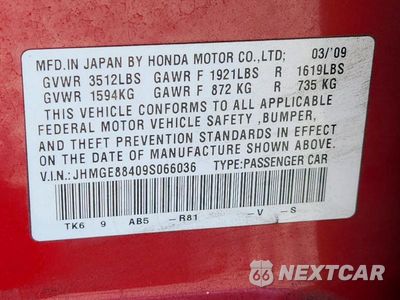 Zdjęcie 12 z 12 samochodu: 2009 HONDA FIT SPORT VIN:JHMGE88409S066036 - miniatura