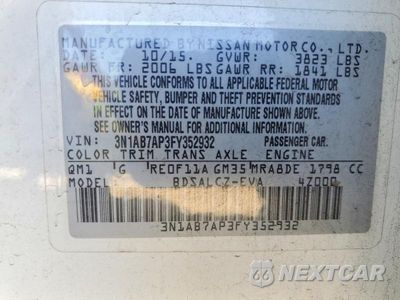 Zdjęcie 12 z 12 samochodu: 2015 NISSAN SENTRA S VIN:3N1AB7AP3FY352932 - miniatura