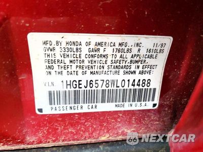 Zdjęcie 13 z 13 samochodu: 1998 HONDA CIVIC LX VIN:1HGEJ6578WL014488 - miniatura