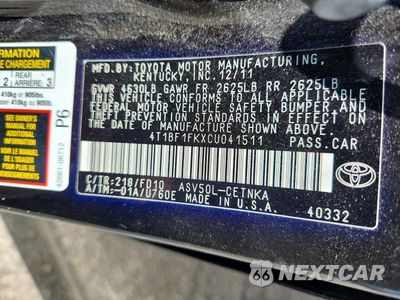Zdjęcie 12 z 12 samochodu: 2012 TOYOTA CAMRY LE VIN:4T1BF1FKXCU041511 - miniatura