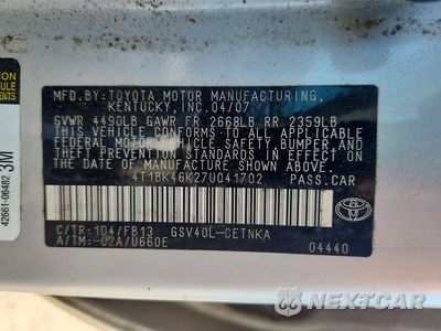 Zdjęcie 12 z 12 samochodu: 2007 TOYOTA CAMRY LE V6 VIN:4T1BK46K27U041702 - miniatura