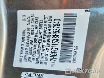 Zdjęcie 12 z 12 samochodu: 2008 HONDA CIVIC LX VIN:2HGFG116X8H537840 - miniatura