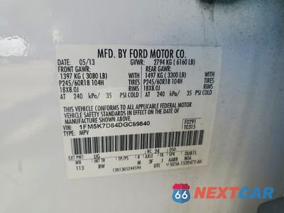 Zdjęcie 12 z 12 samochodu: 2013 FORD EXPLORER XLT VIN:1FM5K7D84DGC89840 - miniatura