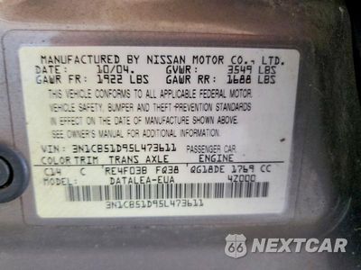 Zdjęcie 12 z 12 samochodu: 2005 NISSAN SENTRA 1.8 VIN:3N1CB51D95L473611 - miniatura