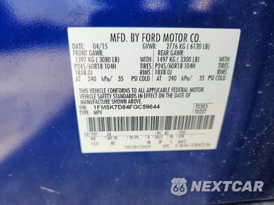 Zdjęcie 14 z 14 samochodu: 2015 FORD EXPLORER XLT VIN:1FM5K7D84FGC59644 - miniatura