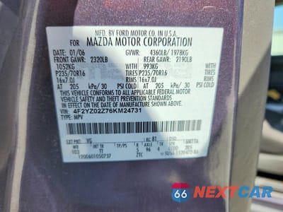 Zdjęcie 14 z 14 samochodu: 2006 MAZDA TRIBUTE I VIN:4F2YZ02Z76KM24731 - miniatura