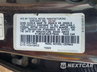 Zdjęcie 12 z 12 samochodu: 2002 TOYOTA CAMRY LE VIN:4T1BE32K32U575646 - miniatura