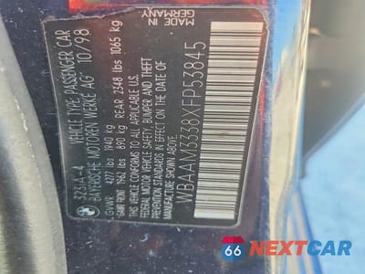 Zdjęcie 12 z 12 samochodu: 1999 BMW 3 SERIES 323 I AUTOMATIC VIN:WBAAM3338XFP53845 - miniatura