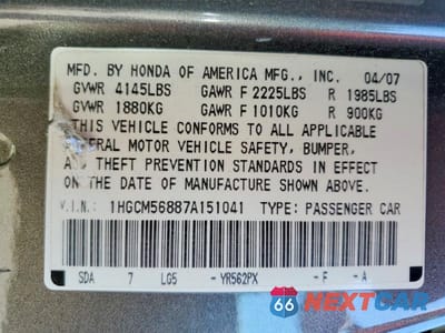 Zdjęcie 12 z 12 samochodu: 2007 HONDA ACCORD EX VIN:1HGCM56887A151041 - miniatura