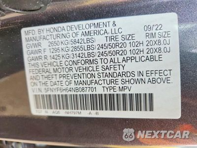 Zdjęcie 13 z 13 samochodu: 2022 HONDA PILOT TOURING VIN:5FNYF6H64NB087701 - miniatura