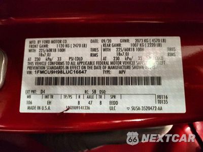 Zdjęcie 13 z 13 samochodu: 2020 FORD ESCAPE SEL VIN:1FMCU9H98LUC16647 - miniatura