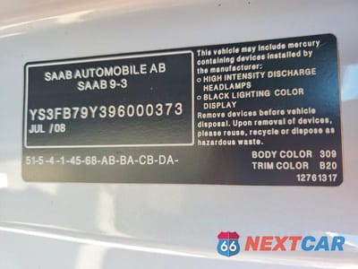 Zdjęcie 12 z 12 samochodu: 2009 SAAB 9-3 2.0T VIN:YS3FB79Y396000373 - miniatura