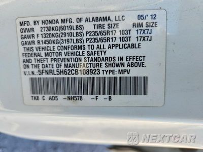 Zdjęcie 13 z 13 samochodu: 2012 HONDA ODYSSEY EXL VIN:5FNRL5H62CB108923 - miniatura