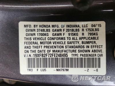 Zdjęcie 12 z 12 samochodu: 2015 HONDA CIVIC SE VIN:19XFB2F72FE248495 - miniatura