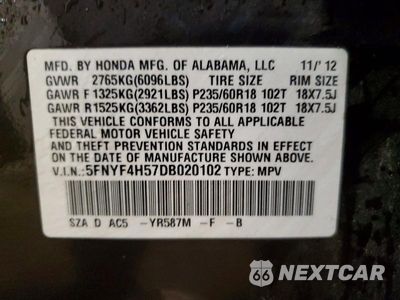 Zdjęcie 13 z 13 samochodu: 2013 HONDA PILOT EXL VIN:5FNYF4H57DB020102 - miniatura