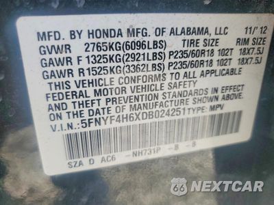 Zdjęcie 14 z 14 samochodu: 2013 HONDA PILOT EXL VIN:5FNYF4H6XDB024251 - miniatura