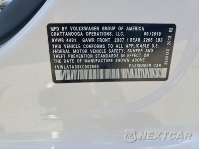 Zdjęcie 13 z 13 samochodu: 2019 VOLKSWAGEN PASSAT WOLFSBURG VIN:1VWLA7A33KC002660 - miniatura