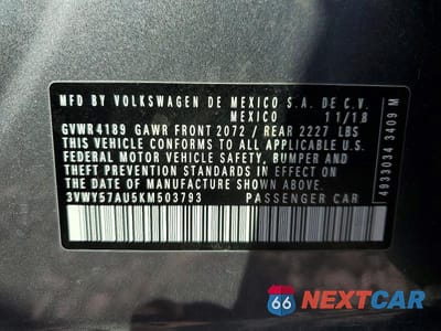 Zdjęcie 12 z 12 samochodu: 2019 VOLKSWAGEN GOLF SPORTWAGEN S VIN:3VWY57AU5KM503793 - miniatura