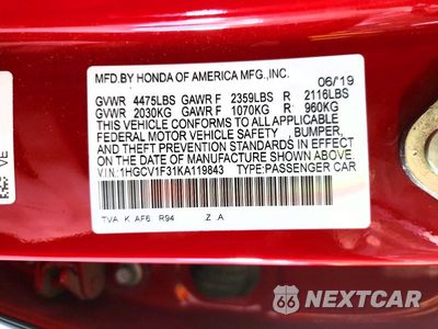 Zdjęcie 12 z 12 samochodu: 2019 HONDA ACCORD SPORT VIN:1HGCV1F31KA119843 - miniatura