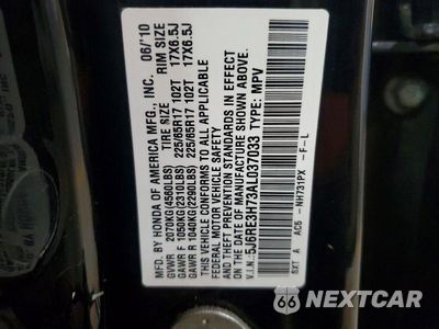Zdjęcie 12 z 12 samochodu: 2010 HONDA CR-V EXL VIN:5J6RE3H73AL037033 - miniatura