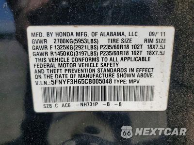 Zdjęcie 13 z 13 samochodu: 2012 HONDA PILOT EXL VIN:5FNYF3H65CB005048 - miniatura