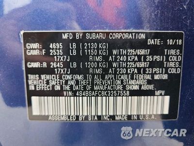 Zdjęcie 14 z 14 samochodu: 2019 SUBARU OUTBACK 2.5I PREMIUM VIN:4S4BSAFC8K3257558 - miniatura