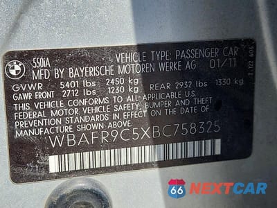 Zdjęcie 12 z 12 samochodu: 2011 BMW 5 SERIES I VIN:WBAFR9C5XBC758325 - miniatura