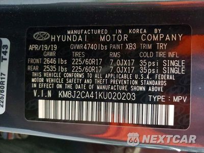 Zdjęcie 13 z 13 samochodu: 2019 HYUNDAI TUCSON SE VIN:KM8J2CA41KU020203 - miniatura