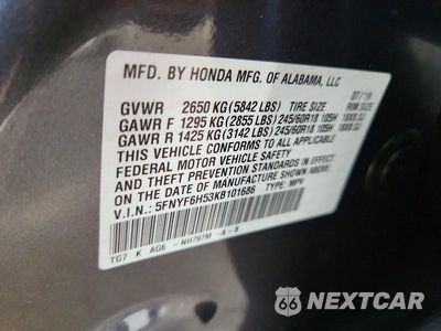 Zdjęcie 13 z 13 samochodu: 2019 HONDA PILOT EXL VIN:5FNYF6H53KB101686 - miniatura