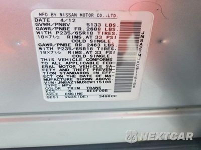 Zdjęcie 13 z 13 samochodu: 2012 NISSAN MURANO S VIN:JN8AZ1MUXCW115188 - miniatura