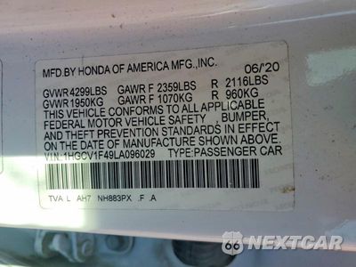 Zdjęcie 12 z 12 samochodu: 2020 HONDA ACCORD EX VIN:1HGCV1F49LA096029 - miniatura