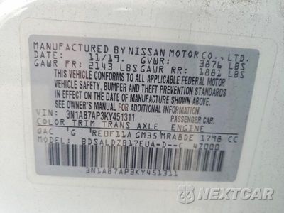 Zdjęcie 13 z 13 samochodu: 2019 NISSAN SENTRA SV VIN:3N1AB7AP3KY451311 - miniatura