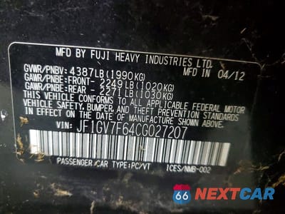 Zdjęcie 12 z 12 samochodu: 2012 SUBARU IMPREZA WRX VIN:JF1GV7F64CG027207 - miniatura