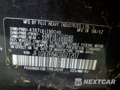 Zdjęcie 12 z 12 samochodu: 2012 SUBARU IMPREZA WRX VIN:JF1GV7F64CG027207 - miniatura