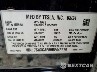 Zdjęcie 12 z 12 samochodu: 2024 TESLA MODEL X VIN:7SAXCAE50RF443279 - miniatura