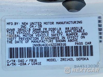 Zdjęcie 12 z 12 samochodu: 2009 TOYOTA COROLLA BASE VIN:1NXBU40E49Z038316 - miniatura